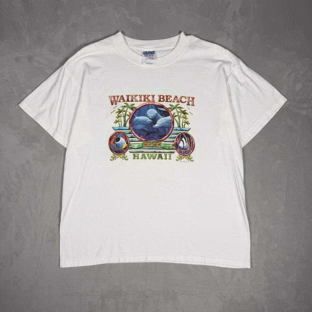Y2K Mens Gildan Waikiki Beach Hawaii Dolphin Graphic T-Shirt White Large